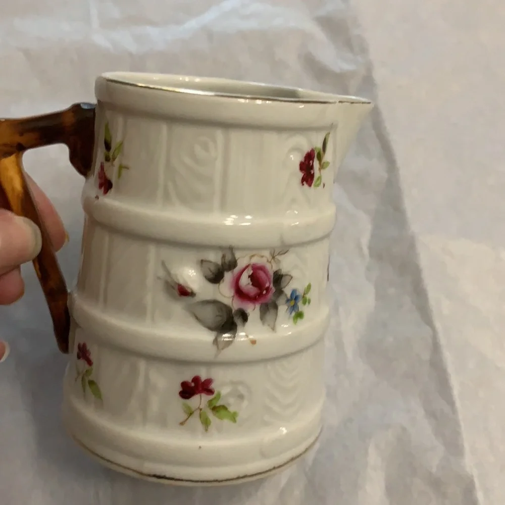 Bone China with faux bois handle with floral barrel creamer pitcher